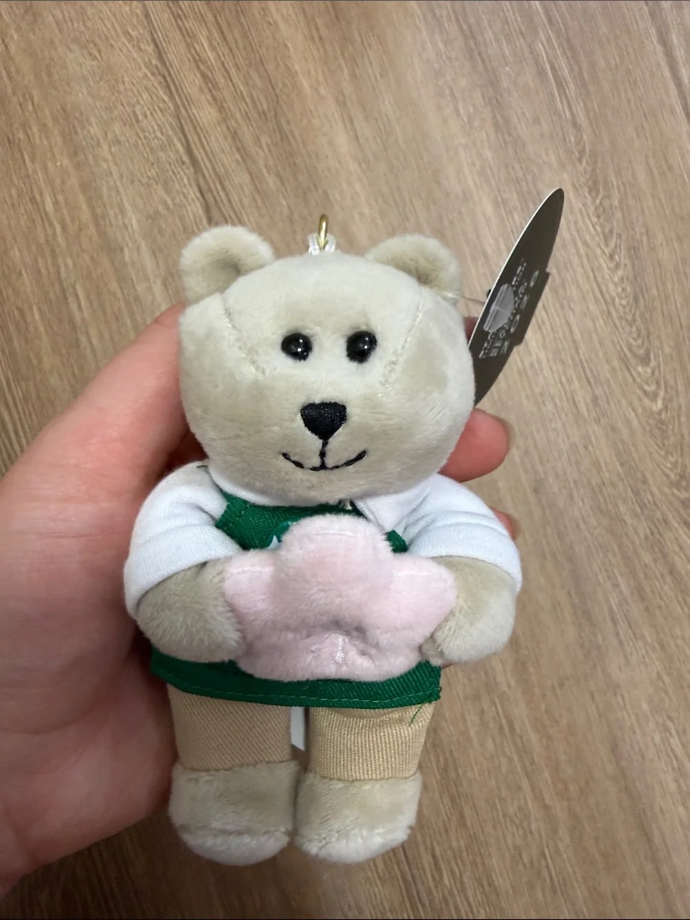 Starbucks Beige Bearista Plush Keychain with Cherry Blossom and Green Apron